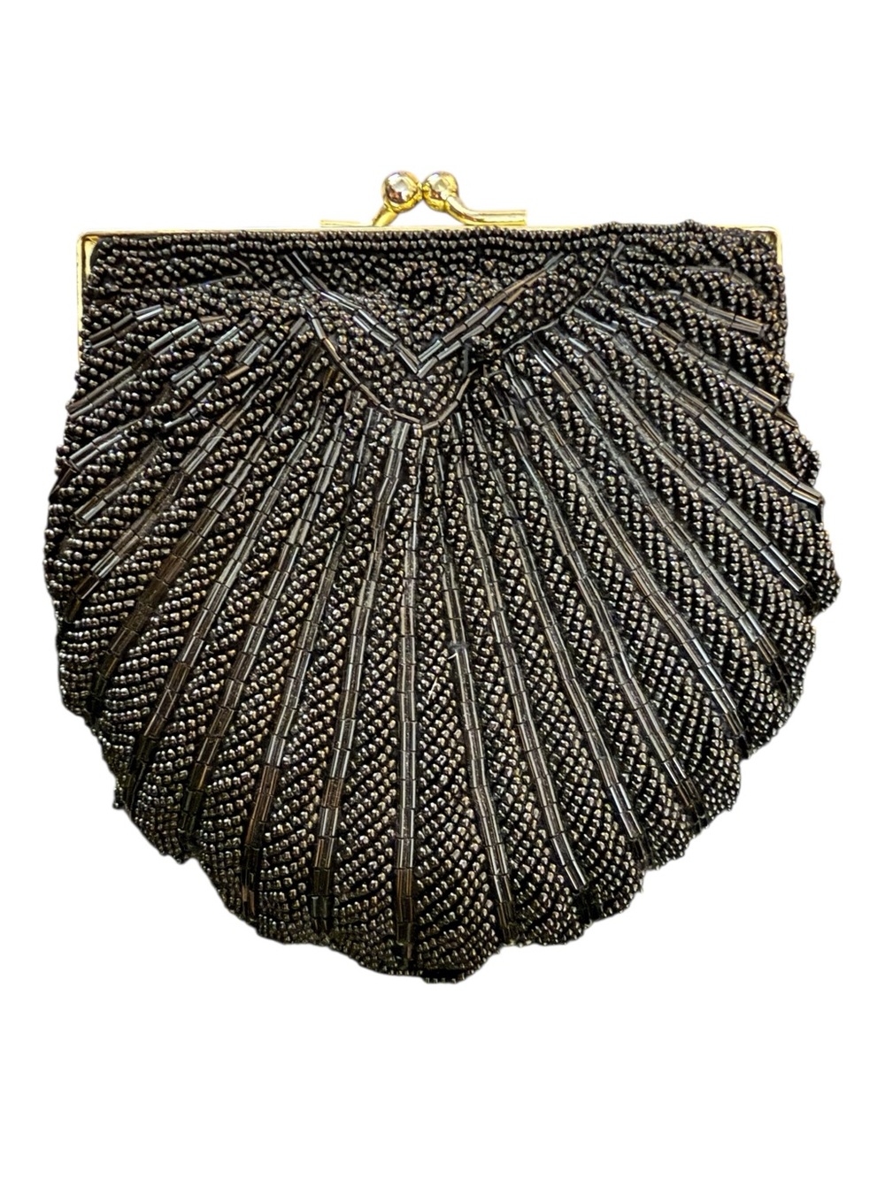 La Regale Black Beaded Shell Clutch Evening Bag Formal Cocktail Vintage